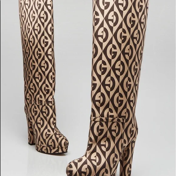 GUCCI Fabric G Rhombus Print Platform Boots Size EU37.5/ US7.5 Beige Cocoa - Picture 6 of 16